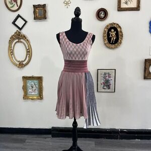 Vintage Y2K Save the Queen! Italy Pink Geometric Pleated Mixed-Media Dress small